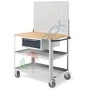 Carrello da officina in lamiera, Mis. 1028 L x 654 P x 1538 H mm, 3 ripiani (1 in legno), cassetto con serratura e parete forata, colore grigio RAL 7035