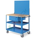 Carrello da officina in lamiera, Mis. 1028 L x 654 P x 1538 H mm, 3 ripiani (1 in legno), cassetto con serratura e parete forata, colore blu RAL 5012